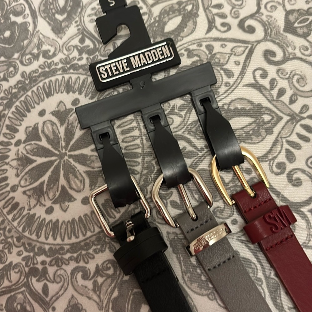 Steve Madden belts three pack: red, black and grey. New with tags